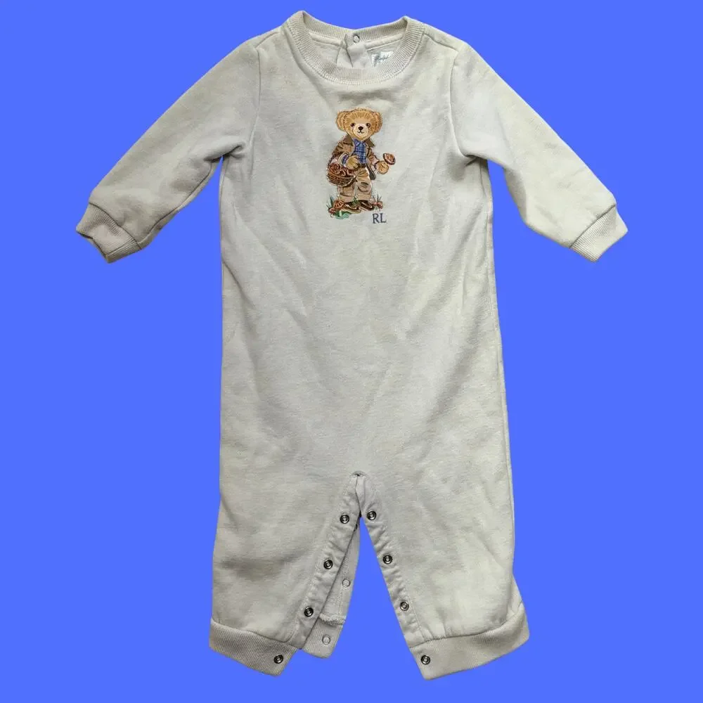 Vintage Ralph Lauren Coverall Baby 9M White Polo Bear Fleece One Piece Romper